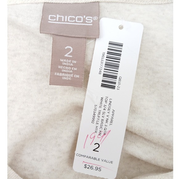 Chico's Lindsey V-Neck Top Women Size 2/ Large White Heather 3/4 Sleeve Knit - Picture 3 of 5